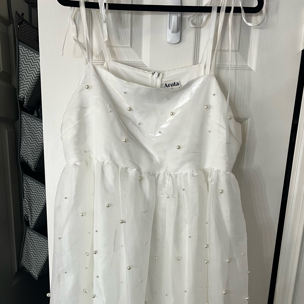 ARULA Ivory Midi Dress with Pearl Accents